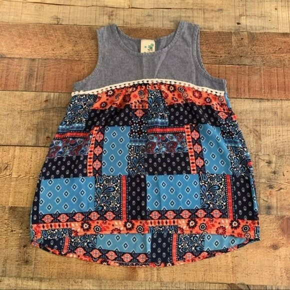Lily Bleu Girls Size 6X Blue Patchwork Western Print Sleeveless Tank Top Blouse - Picture 1 of 4